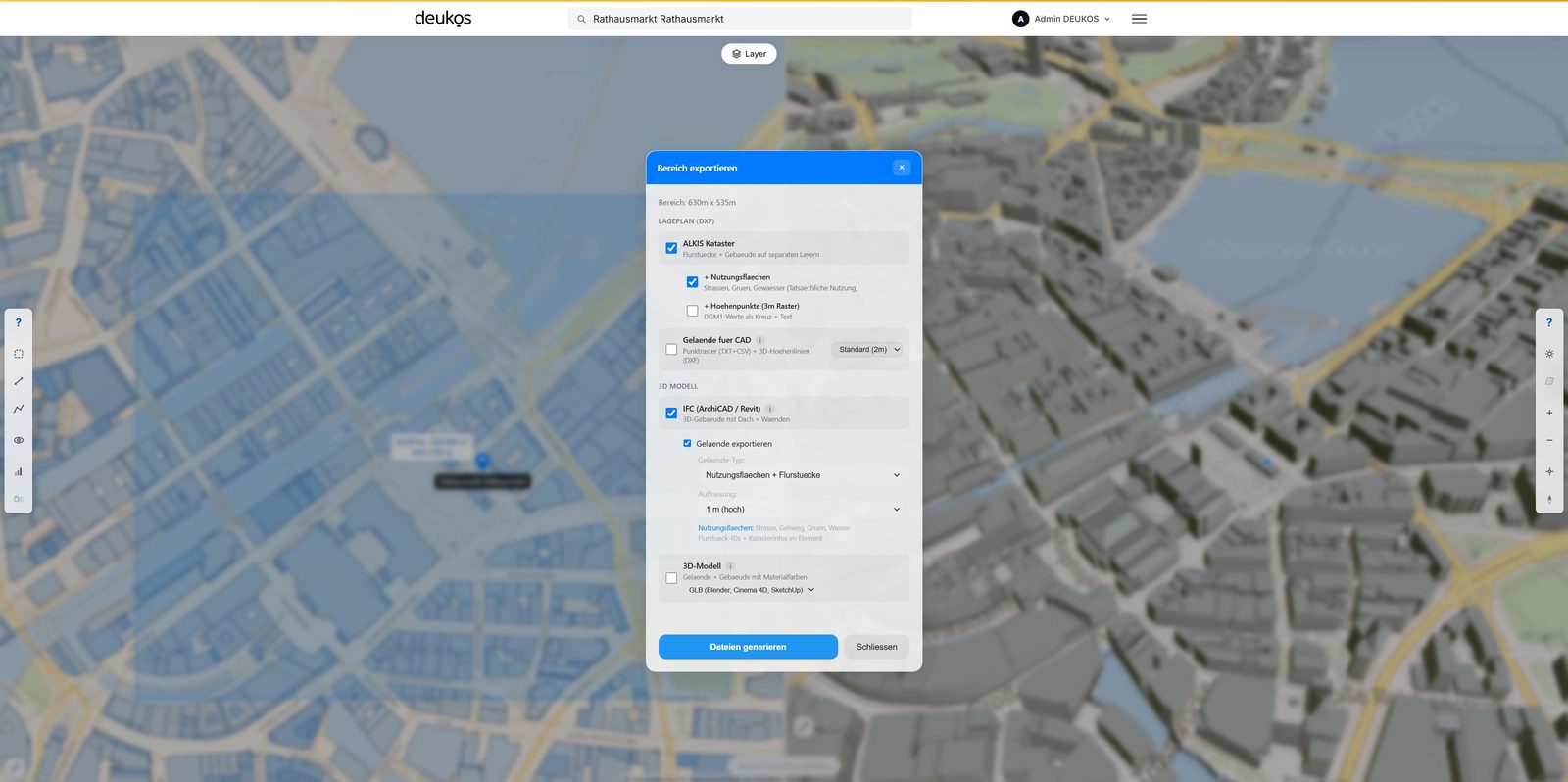 Bereich-Auswahl in der DEUKOS-App ueber Hamburg-Innenstadt fuer den IFC-Export