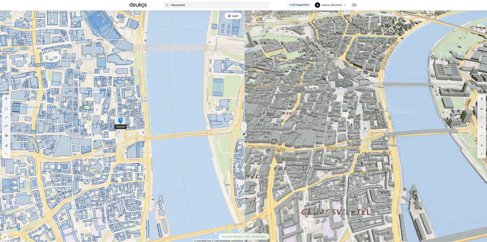 DEUKOS-App: 2D-Karte von Köln-Altstadt mit ALKIS-Layern