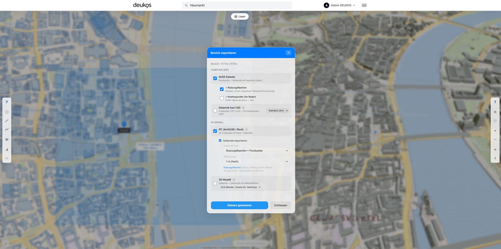 Bereich-Auswahl in der DEUKOS-App ueber Köln-Altstadt fuer den IFC-Export
