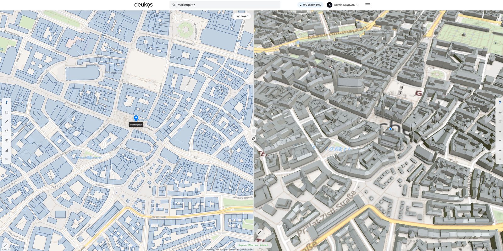 DEUKOS-App: 2D-Karte von München-Altstadt mit ALKIS-Layern