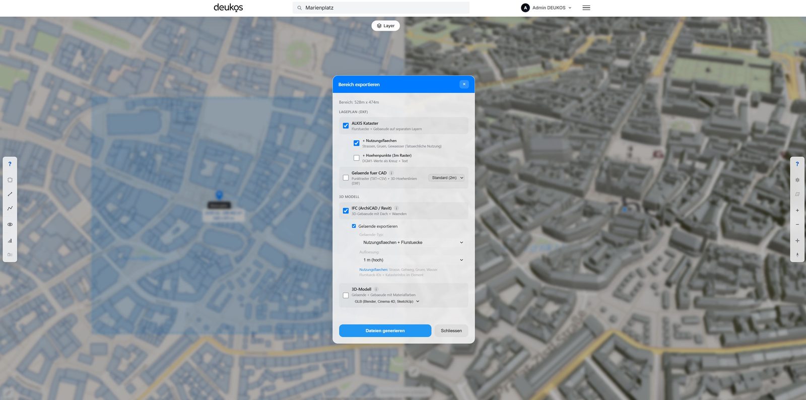 Bereich-Auswahl in der DEUKOS-App ueber München-Altstadt fuer den IFC-Export
