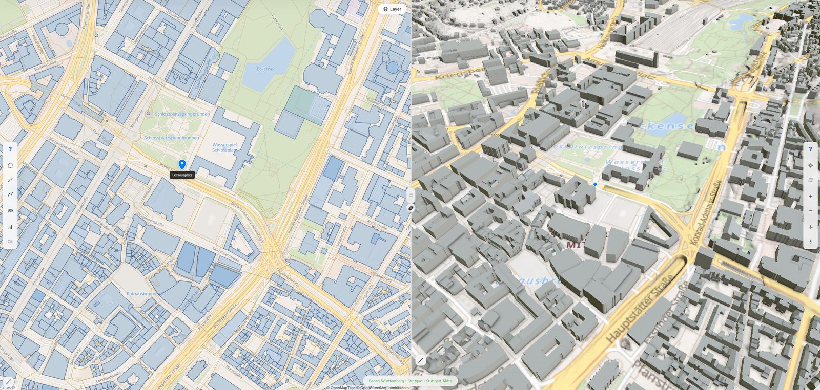 DEUKOS-App: 2D-Karte von Stuttgart-Innenstadt mit ALKIS-Layern