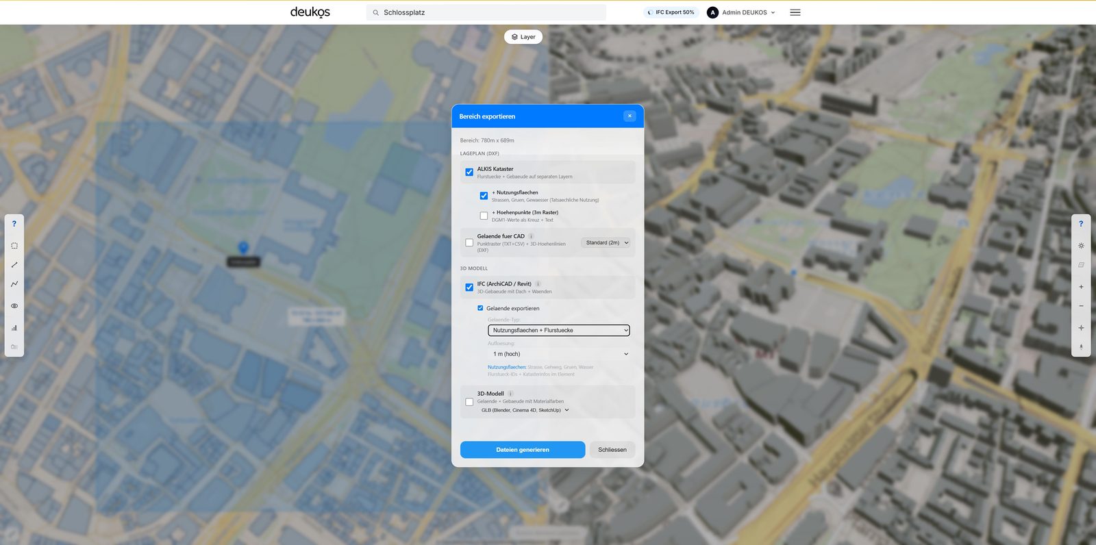 Bereich-Auswahl in der DEUKOS-App ueber Stuttgart-Innenstadt fuer den IFC-Export