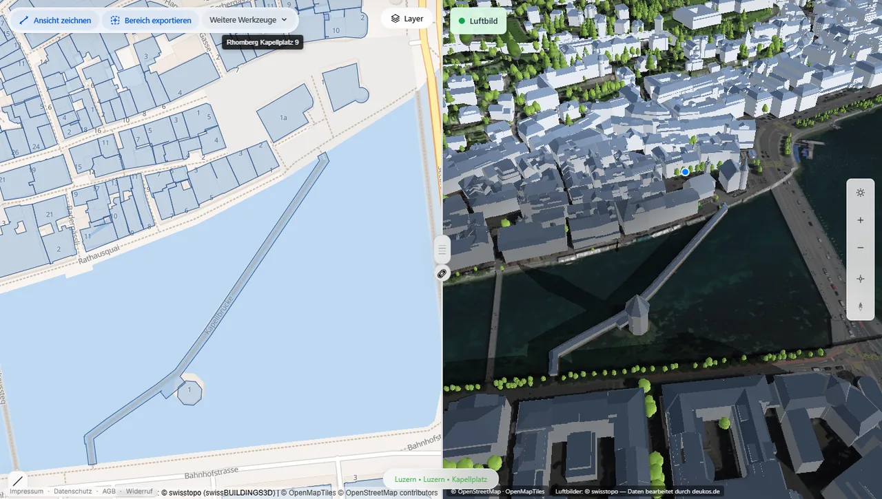 DEUKOS-Karte in Luzern: links die 2D-Karte mit Häusern an der Reuss und der Kapellbrücke, rechts dieselbe Stelle in 3D mit Gebäuden, Bäumen und Luftbild