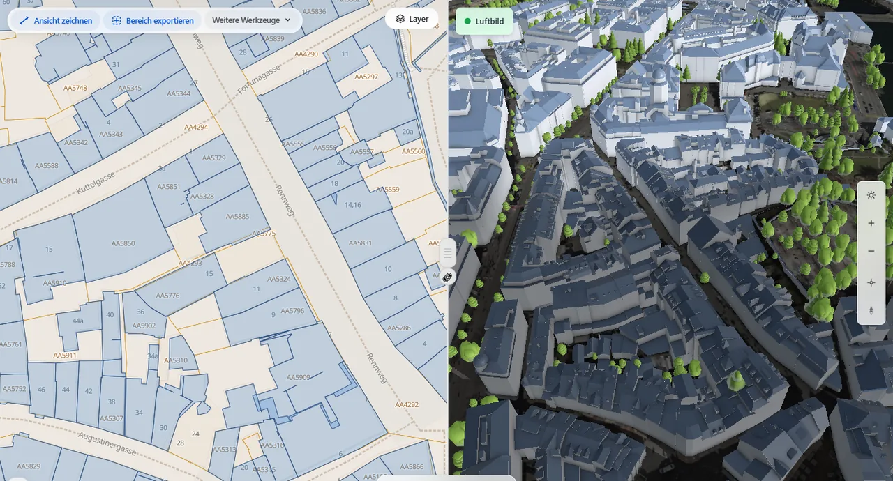 Zürcher Altstadt am Rennweg in DEUKOS: links die 2D-Karte mit Parzellennummern der Amtlichen Vermessung, rechts die 3D-Ansicht der Altstadt